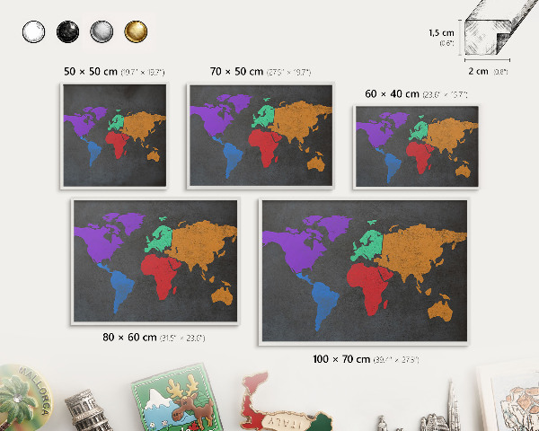 Kovové tabule na magnety bílý rám Barevná mapa
