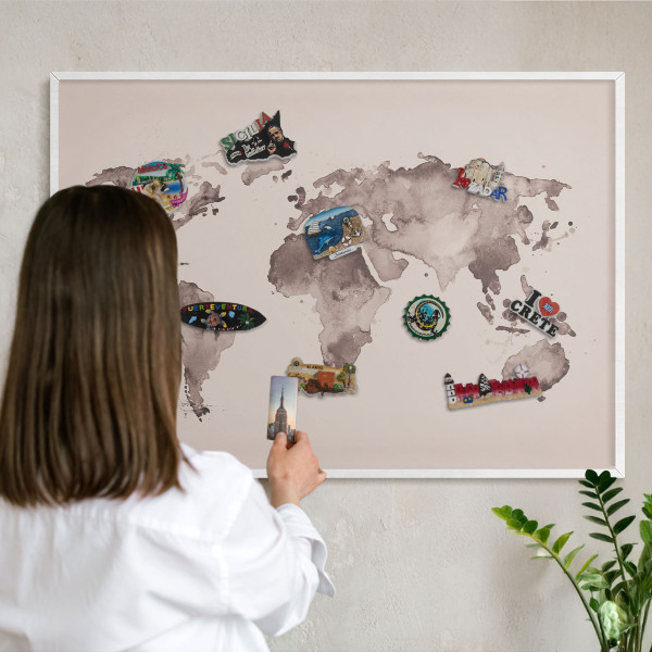 Kovové tabule na magnety bílý rám Mapa světa