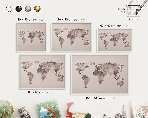 Kovové tabule na magnety bílý rám Mapa světa