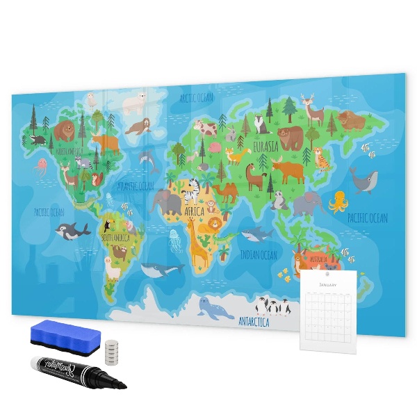 Popisovatelná magnetická tabule Barevná mapa světa s magnety