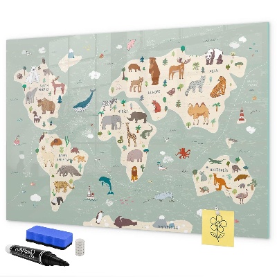 Popisovatelná magnetická tabule Mapa světa s ilustracemi zvířat