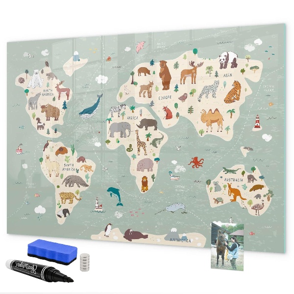 Popisovatelná magnetická tabule Mapa světa s ilustracemi zvířat