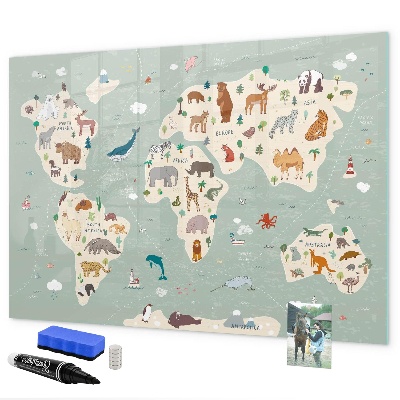 Popisovatelná magnetická tabule Mapa světa s ilustracemi zvířat