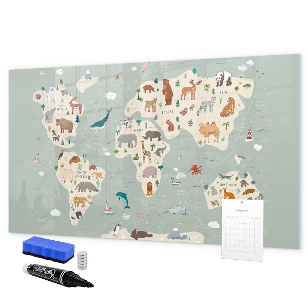 Popisovatelná magnetická tabule Mapa světa s ilustracemi zvířat