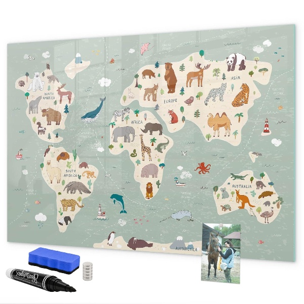 Popisovatelná magnetická tabule Mapa světa s ilustracemi zvířat