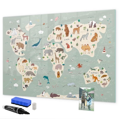 Popisovatelná magnetická tabule Mapa světa s ilustracemi zvířat