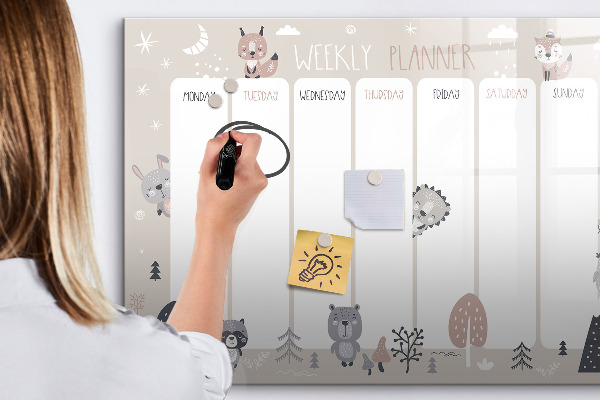 Magnetická psací tabule Týdenní plánovač s roztomilými zvířaty