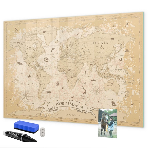 Popisovatelná magnetická tabule Mapa světa s fotografiemi a příslušenstvím