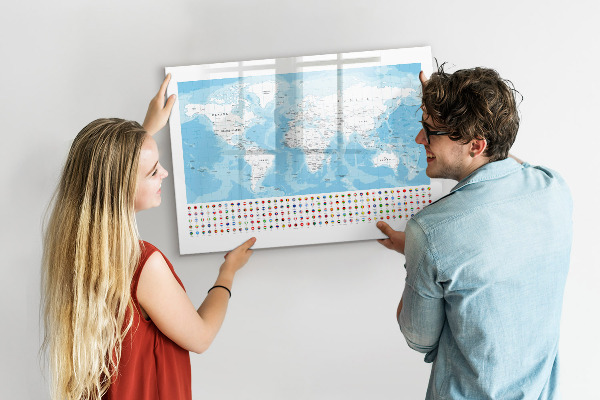 Popisovatelná magnetická tabule Mapa světa s místy k označení