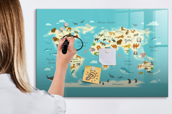 Popisovatelná magnetická tabule Mapa světa s ilustracemi a fotografiemi