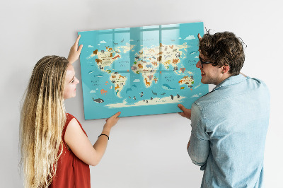 Popisovatelná magnetická tabule Mapa světa s ilustracemi a fotografiemi