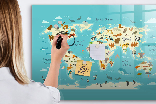 Popisovatelná magnetická tabule Mapa světa s ilustracemi a fotografiemi