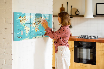 Popisovatelná magnetická tabule Mapa světa s ilustracemi a fotografiemi