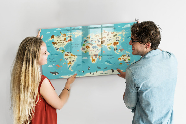 Popisovatelná magnetická tabule Mapa světa s ilustracemi a fotografiemi