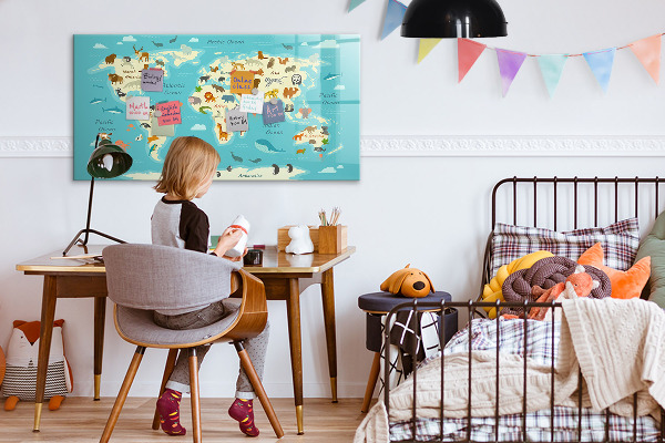 Popisovatelná magnetická tabule Mapa světa s ilustracemi a fotografiemi