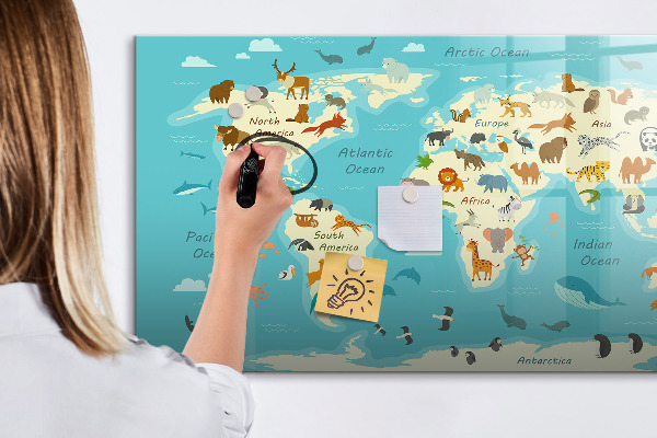 Popisovatelná magnetická tabule Mapa světa s ilustracemi a fotografiemi