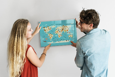 Popisovatelná magnetická tabule Mapa světa s ilustracemi a fotografiemi