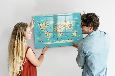 Popisovatelná magnetická tabule Mapa světa s ilustracemi a fotografiemi
