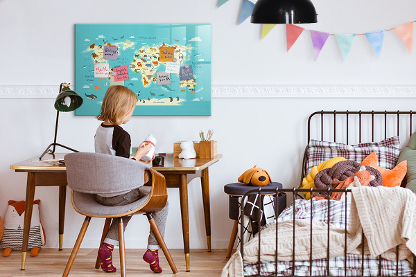 Popisovatelná magnetická tabule Mapa světa s ilustracemi a fotografiemi
