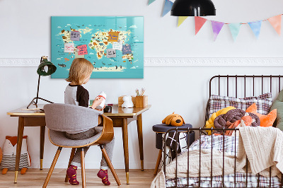 Popisovatelná magnetická tabule Mapa světa s ilustracemi a fotografiemi
