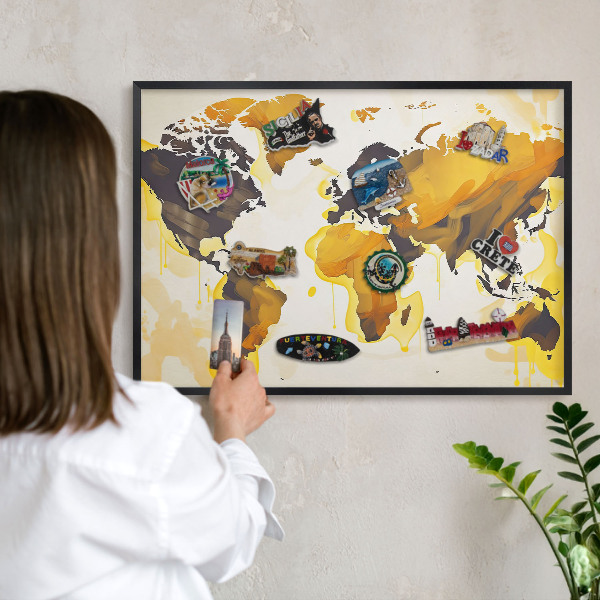 Ozdobné tabule na magnety v černém rámu Mapa světa