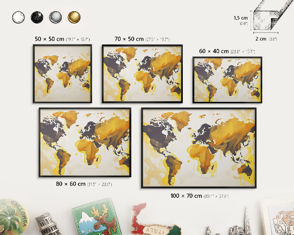 Ozdobné tabule na magnety v černém rámu Mapa světa