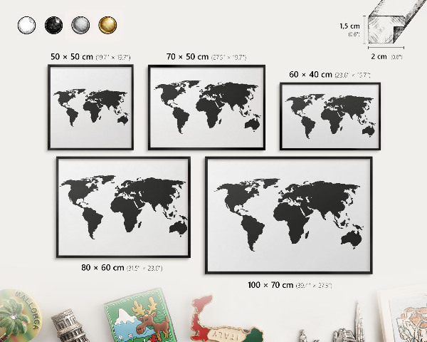 Ozdobné tabule na magnety v černém rámu Mapa světa