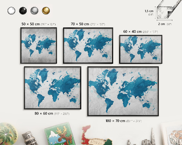 Ozdobné tabule na magnety v černém rámu Akvarelová mapa