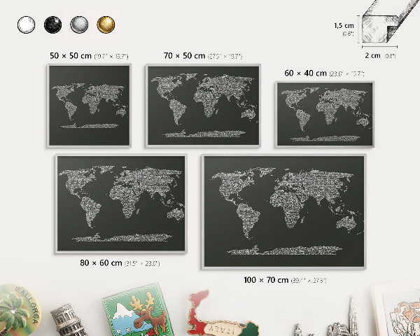 Tabule na magnety z dovolené ve stříbrném rámu Textová mapa