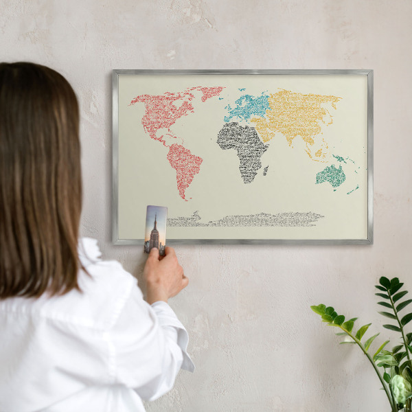 Tabule na magnety na zeď stříbrný rám Mapa světa