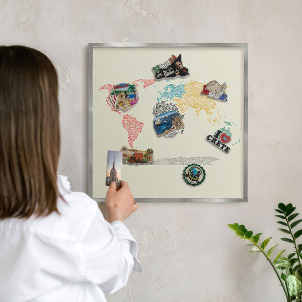 Tabule na magnety na zeď stříbrný rám Mapa světa