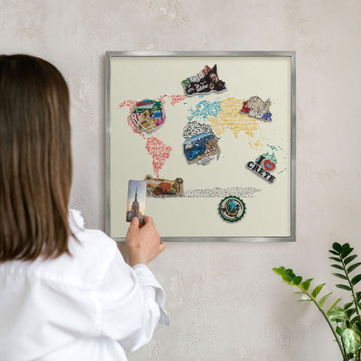 Tabule na magnety na zeď stříbrný rám Mapa světa