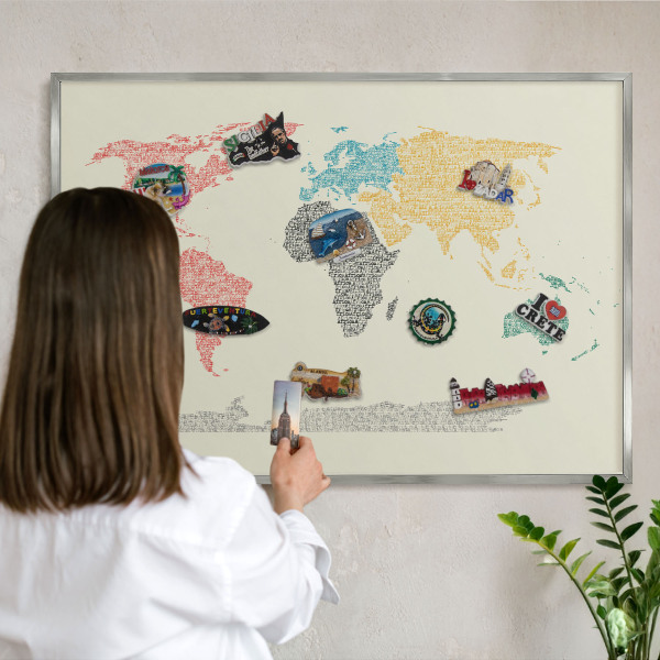 Tabule na magnety na zeď stříbrný rám Mapa světa