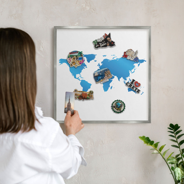 Tabule na magnety na zeď stříbrný rám Mapa světa