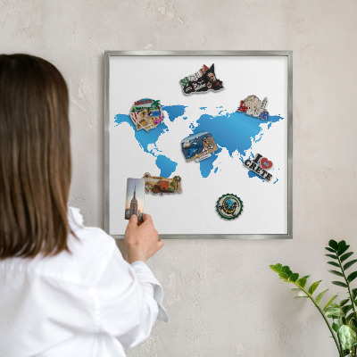Tabule na magnety na zeď stříbrný rám Mapa světa
