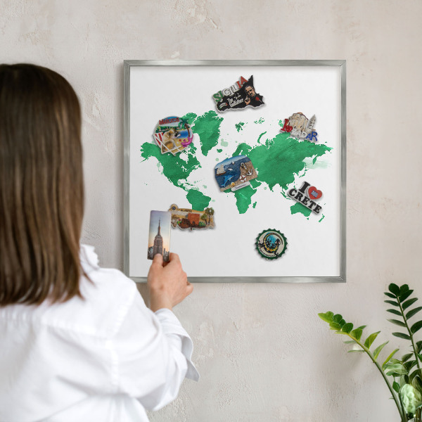 Tabule na magnety z dovolené ve stříbrném rámu Zelená mapa
