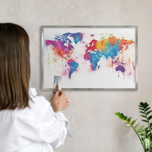 Tabule na magnety na zeď stříbrný rám Barevná mapa