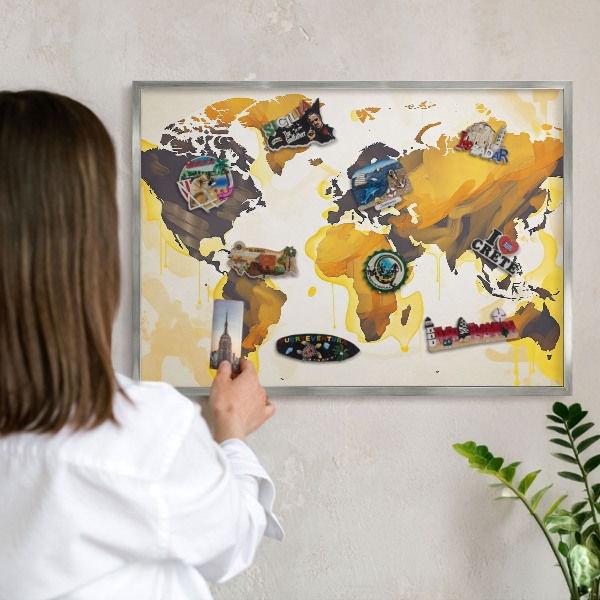 Tabule na magnety z dovolené ve stříbrném rámu Mapa světa