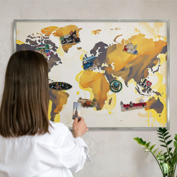 Tabule na magnety z dovolené ve stříbrném rámu Mapa světa