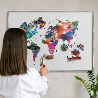Tabule na magnety na zeď stříbrný rám Mapa světa