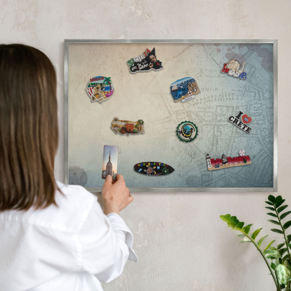 Tabule na magnety na zeď stříbrný rám Stará mapa