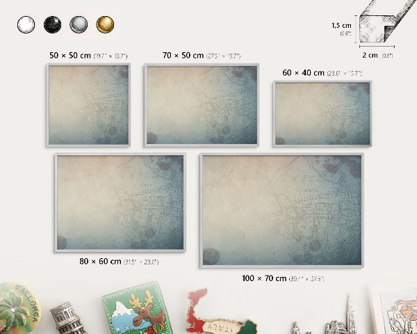 Tabule na magnety na zeď stříbrný rám Stará mapa