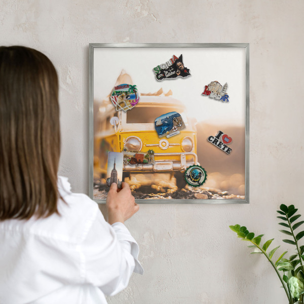 Tabule na magnety z dovolené ve stříbrném rámu Retro cestování