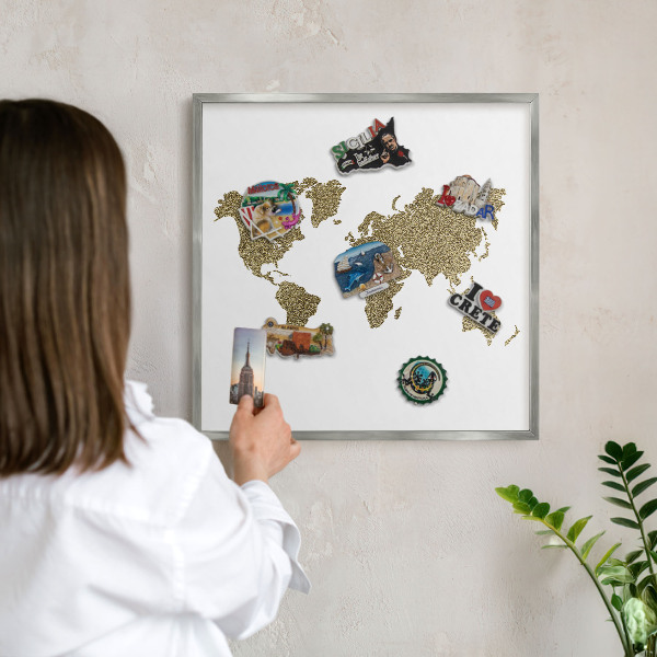 Tabule na magnety na zeď stříbrný rám Mapa světa