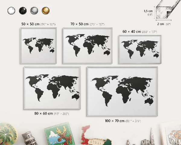 Tabule na magnety z dovolené ve stříbrném rámu Mapa světa