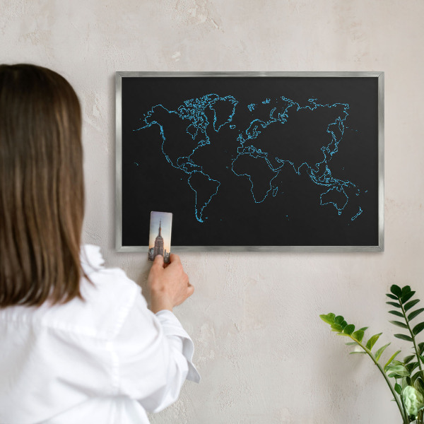 Tabule na magnety na zeď stříbrný rám Mapa světa