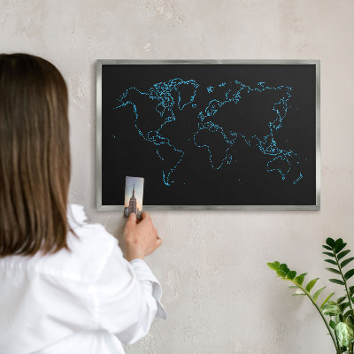 Tabule na magnety na zeď stříbrný rám Mapa světa