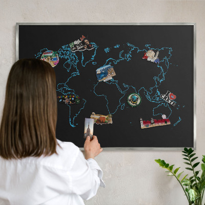 Tabule na magnety na zeď stříbrný rám Mapa světa