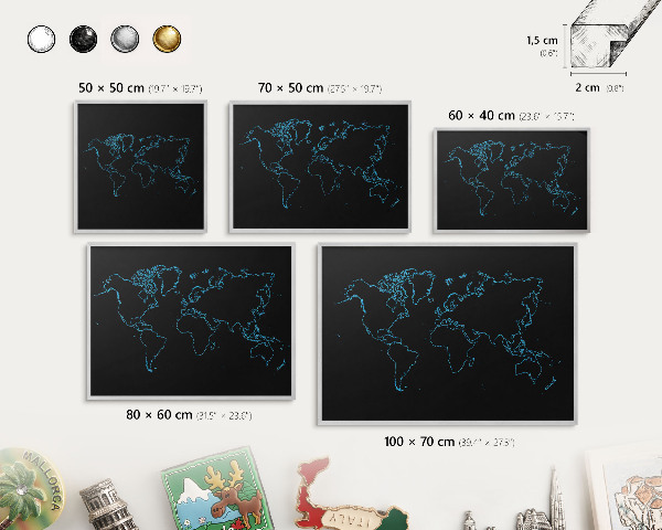 Tabule na magnety na zeď stříbrný rám Mapa světa