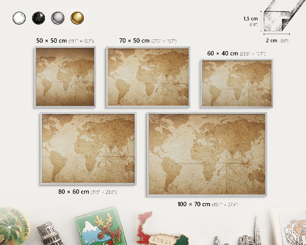 Tabule na magnety z dovolené ve stříbrném rámu Stará mapa